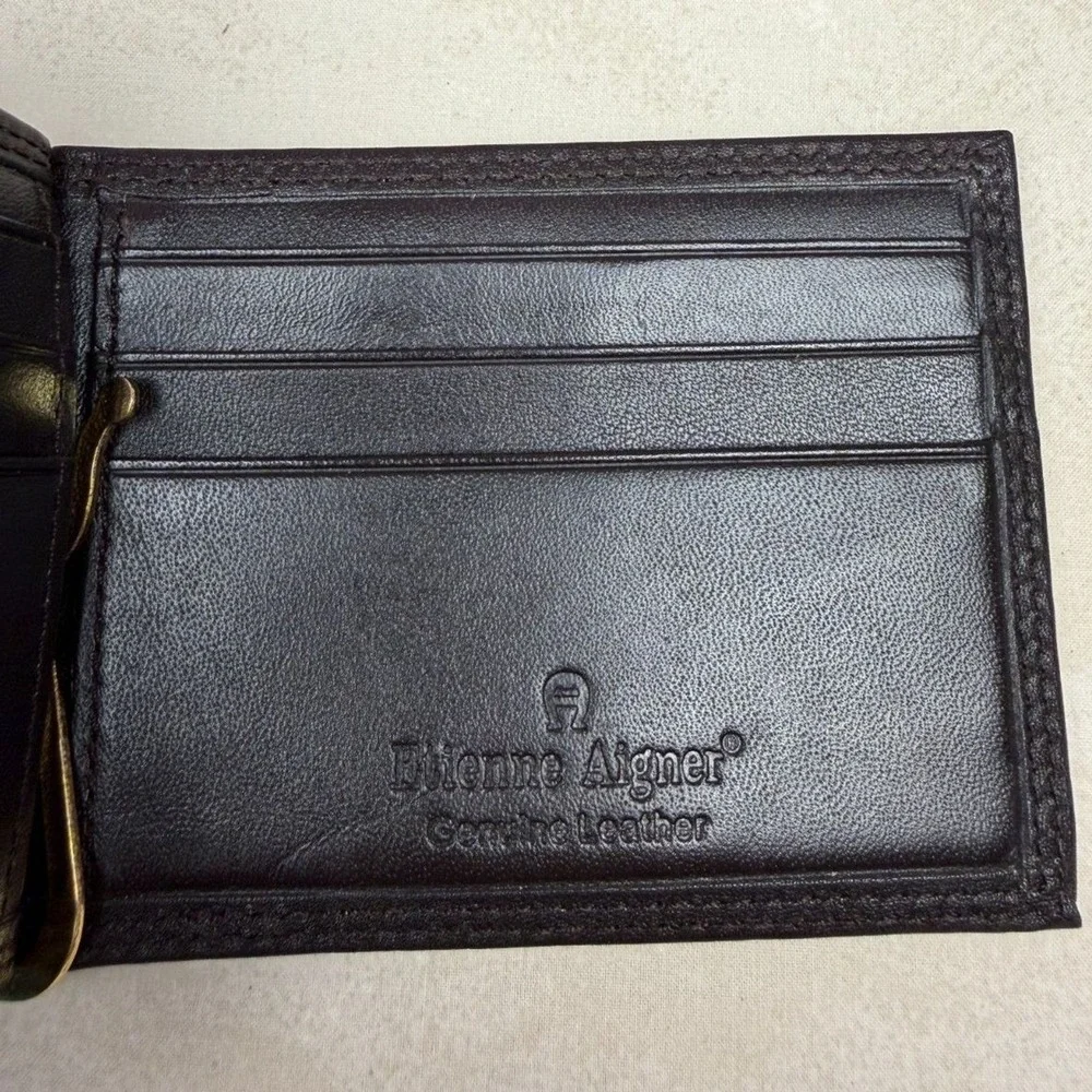 Etienne Aigner Leather Bifold Wallet with Gold Money Clip, Classic & Slim